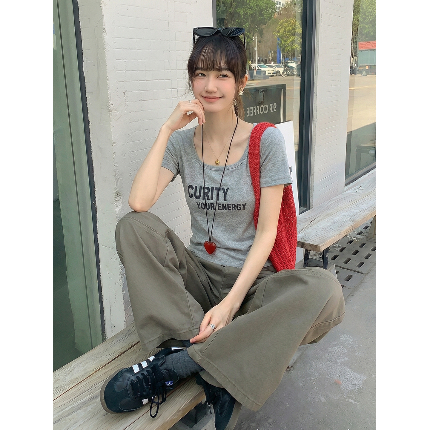 實拍實價#方領印花正肩t恤短袖女2026年新款夏季短款辣妹上衣
