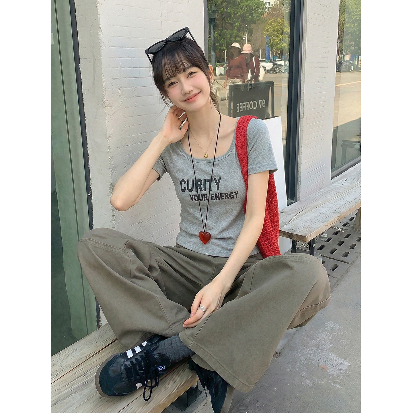實拍實價#方領印花正肩t恤短袖女2026年新款夏季短款辣妹上衣