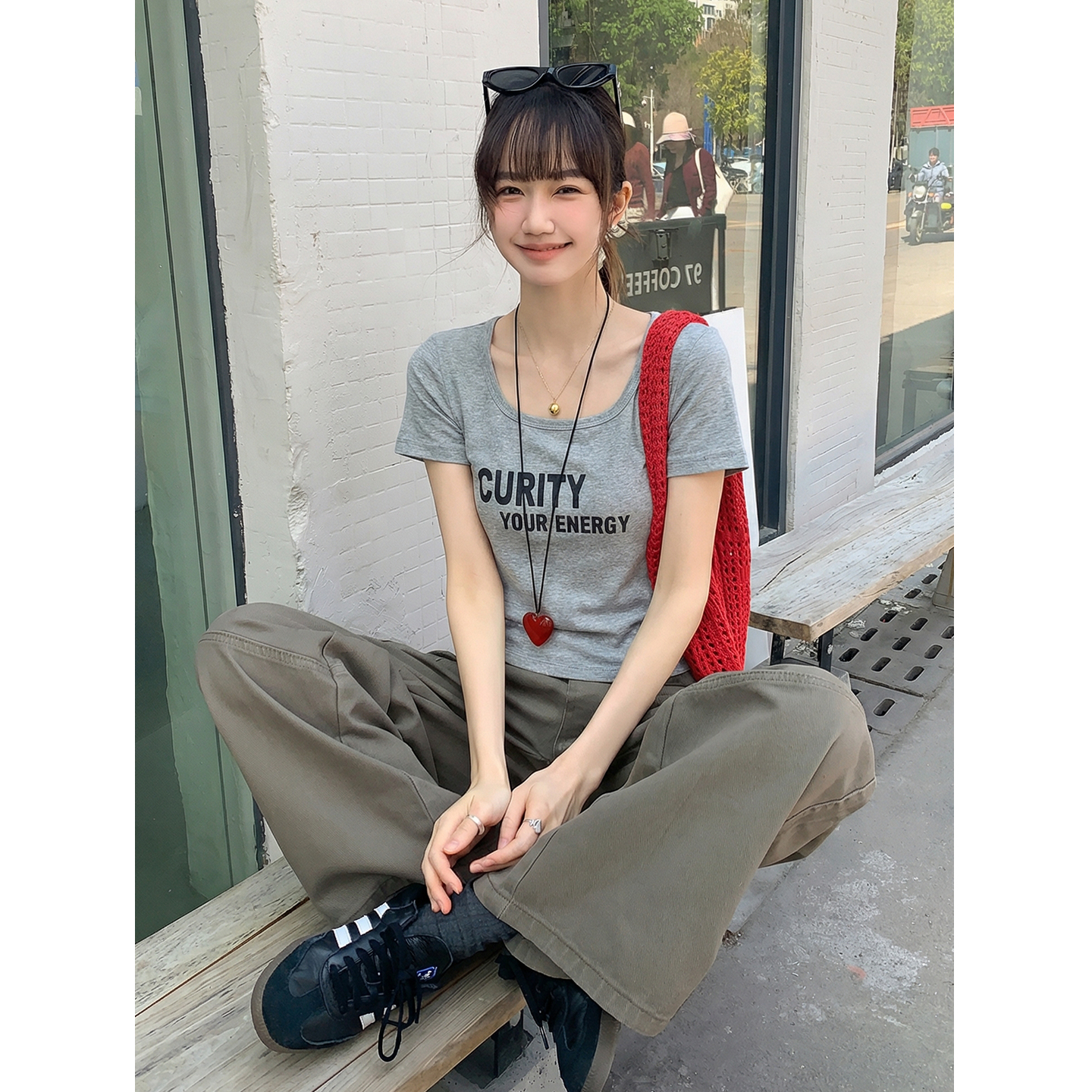 實拍實價#方領印花正肩t恤短袖女2026年新款夏季短款辣妹上衣