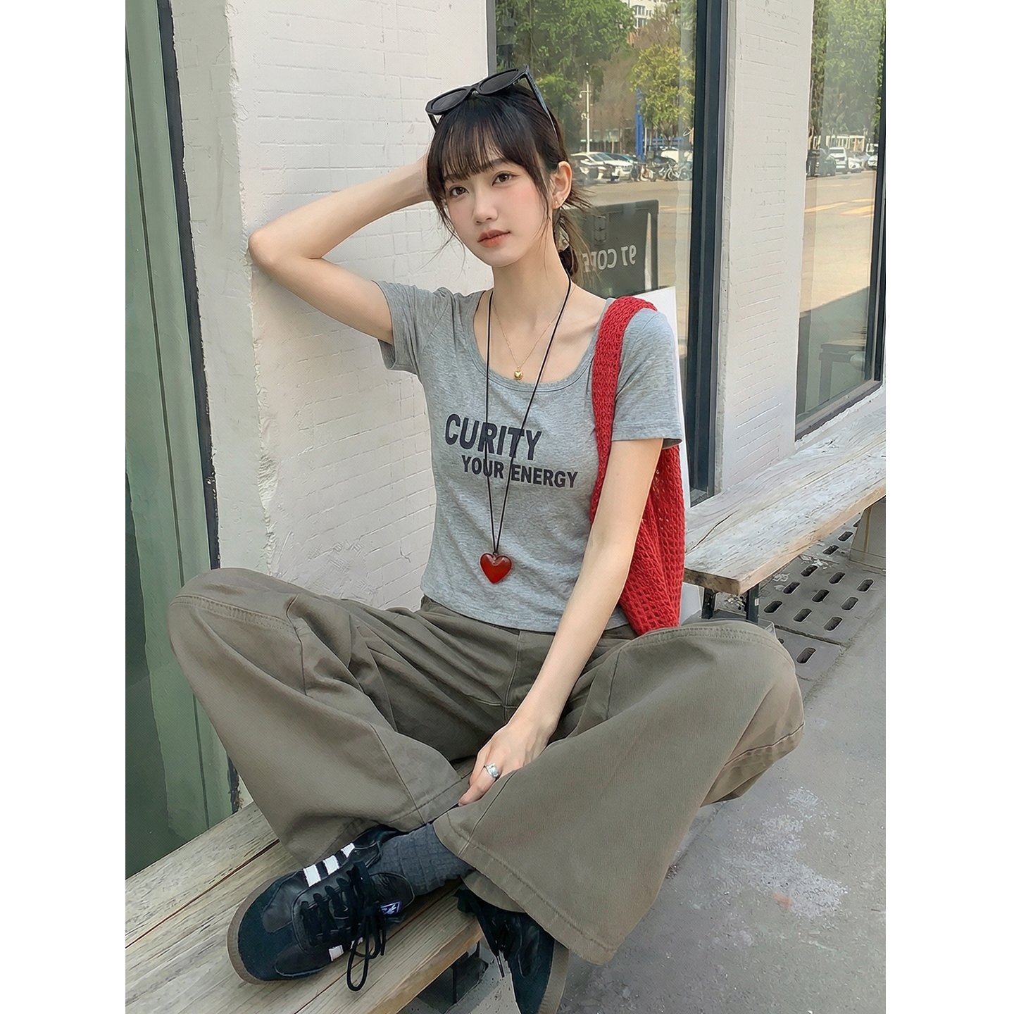 實拍實價#方領印花正肩t恤短袖女2026年新款夏季短款辣妹上衣