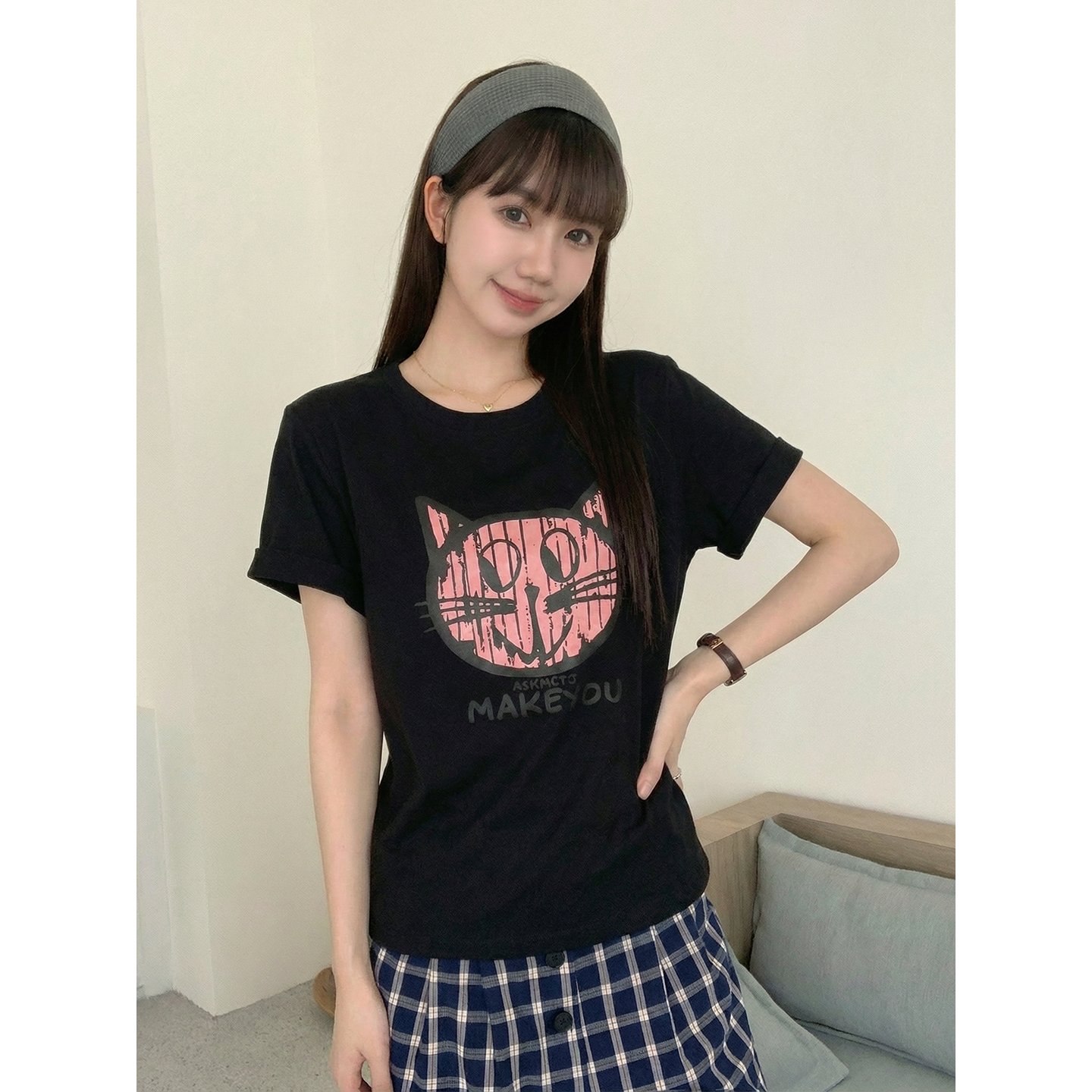 實拍#短袖t恤女夏季2026新款印花設計感美式修身顯瘦上衣女潮