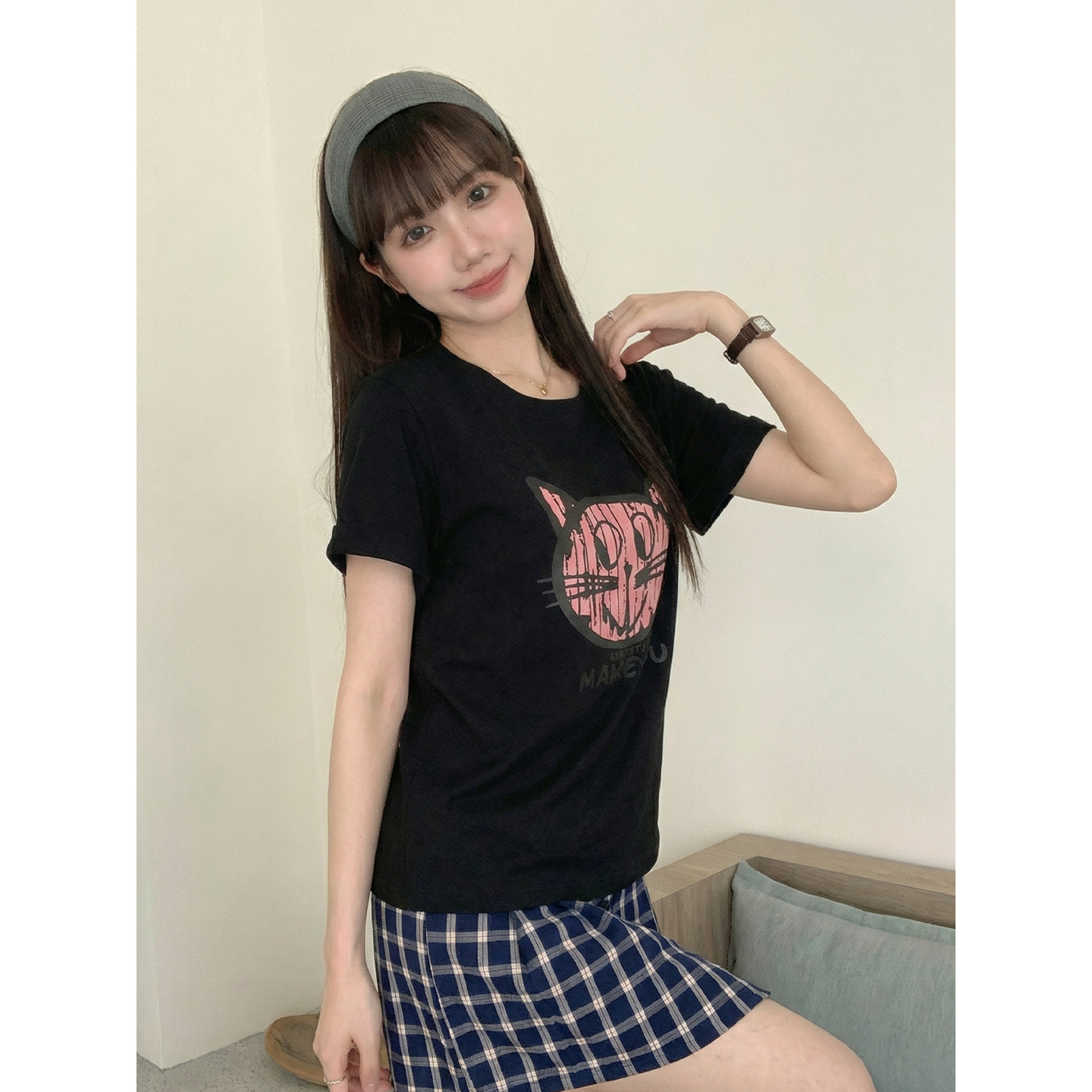 實拍#短袖t恤女夏季2026新款印花設計感美式修身顯瘦上衣女潮