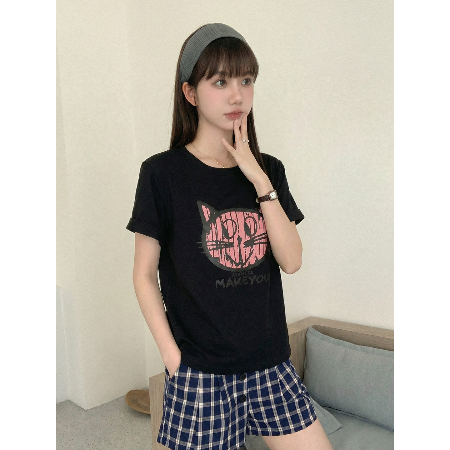 實拍#短袖t恤女夏季2026新款印花設計感美式修身顯瘦上衣女潮