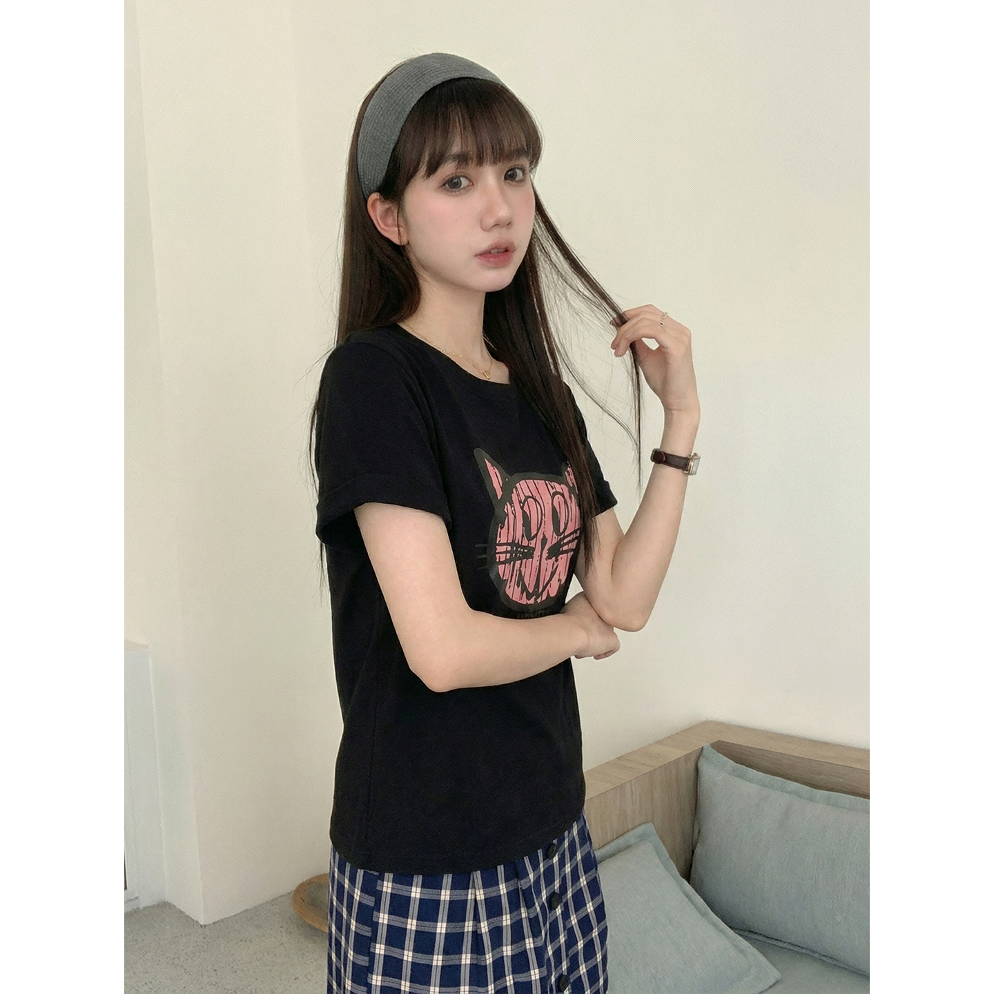 實拍#短袖t恤女夏季2026新款印花設計感美式修身顯瘦上衣女潮