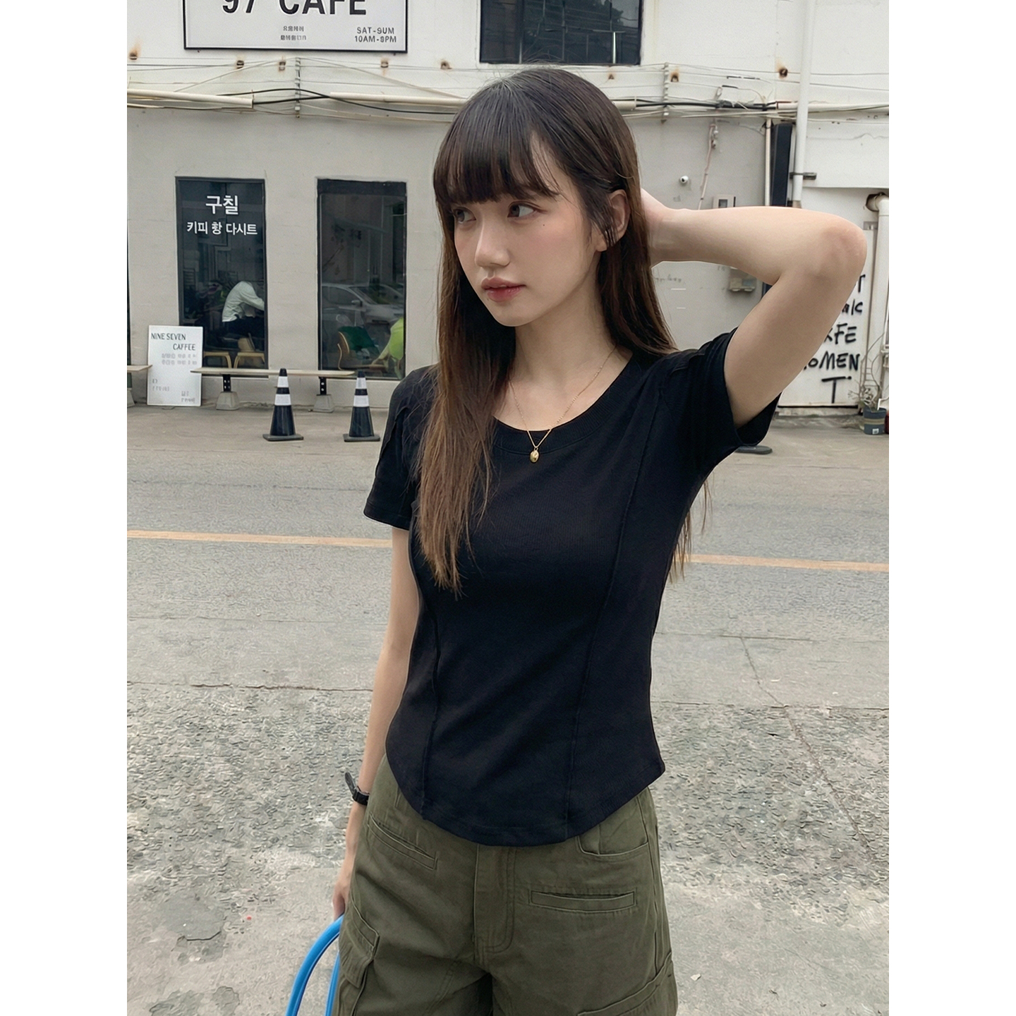實拍實價#純色短袖t恤女夏季魚骨純欲甜辣高腰露臍短款上衣潮