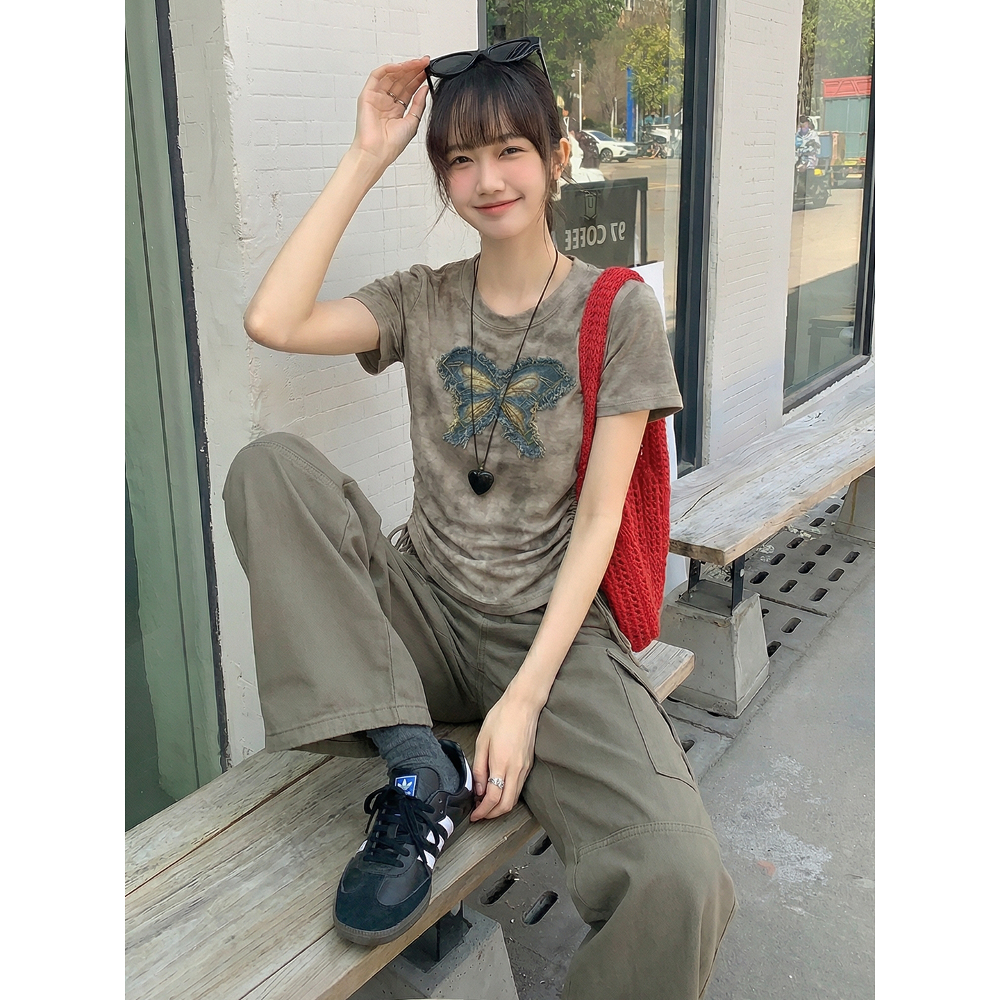 實價實拍#蝴蝶結扎染不規則正肩短袖t恤女夏季夏褶皺收腰修身上衣