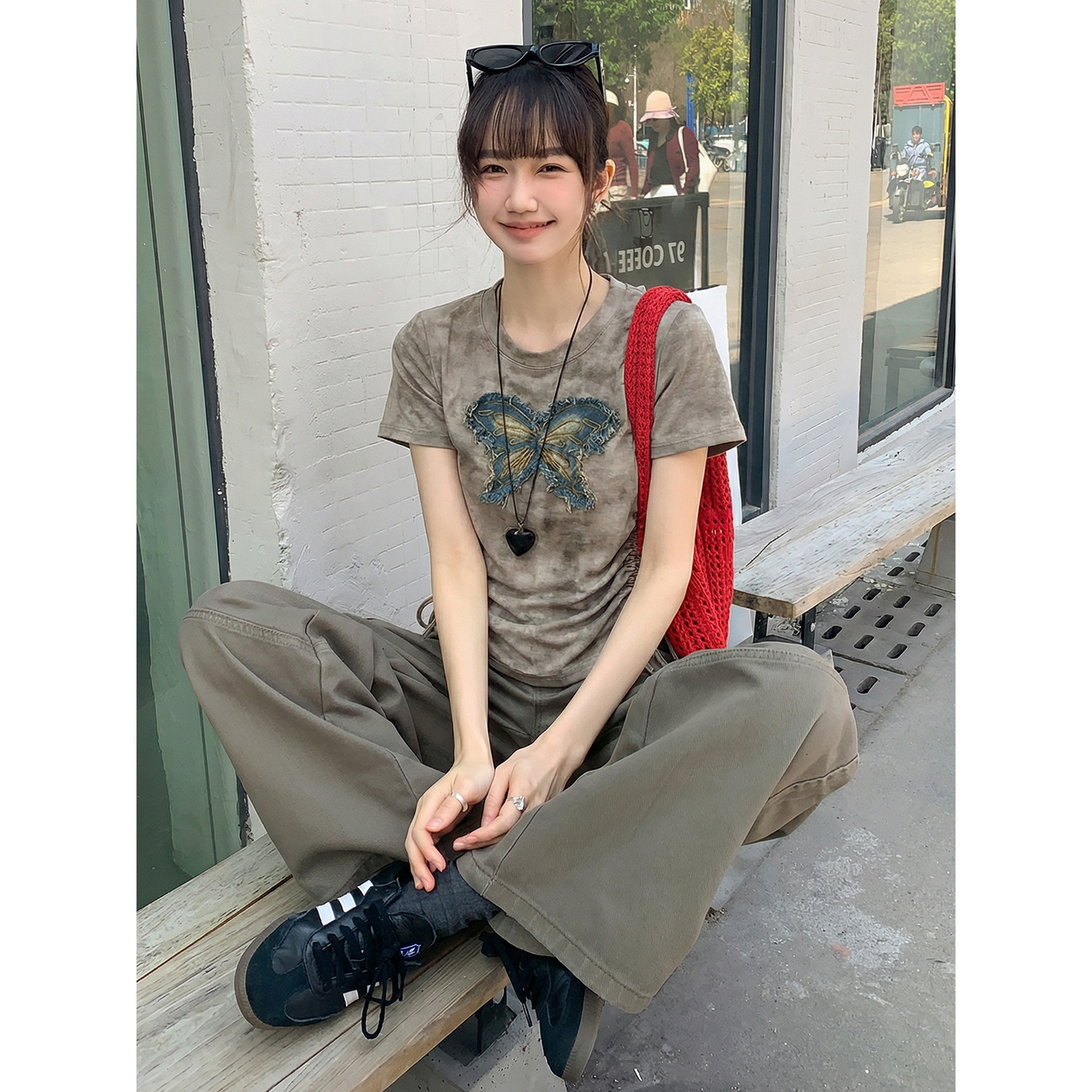 實價實拍#蝴蝶結扎染不規則正肩短袖t恤女夏季夏褶皺收腰修身上衣