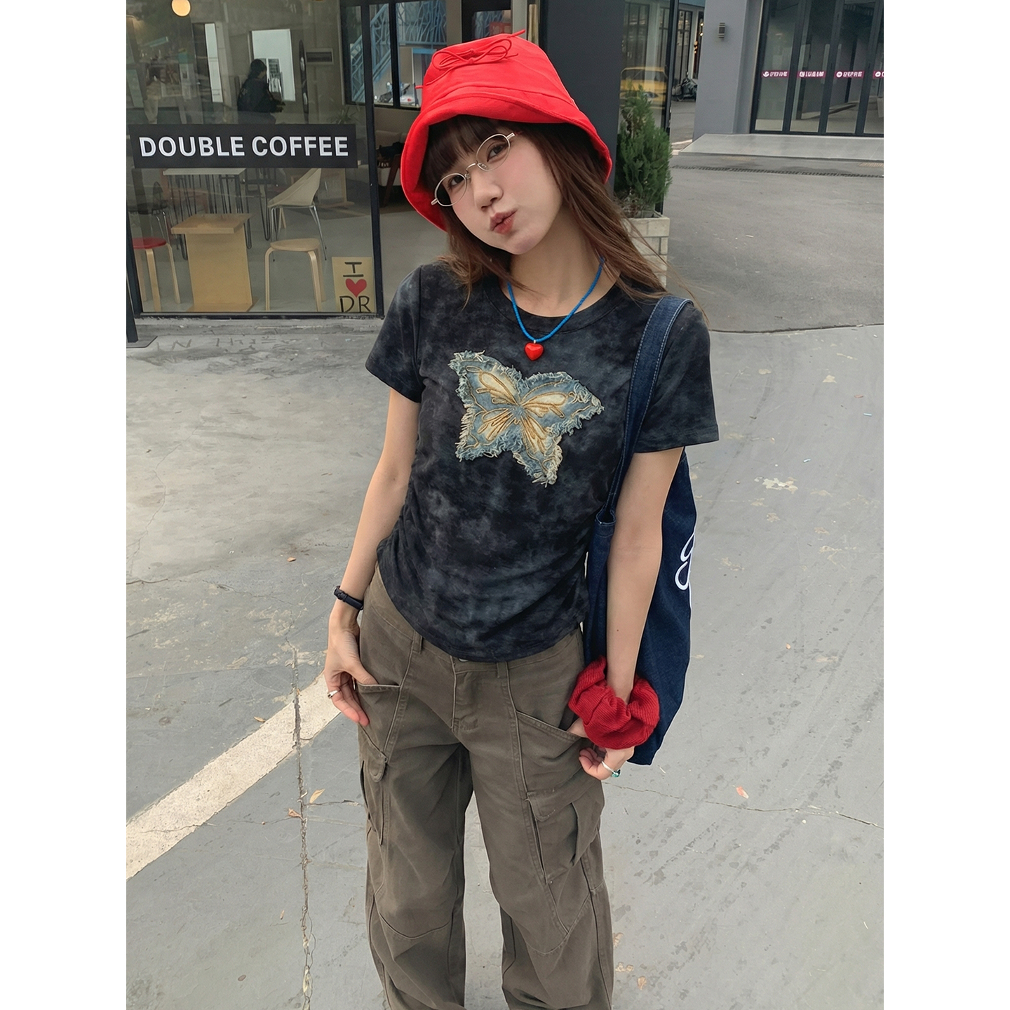 實價實拍#蝴蝶結扎染不規則正肩短袖t恤女夏季夏褶皺收腰修身上衣