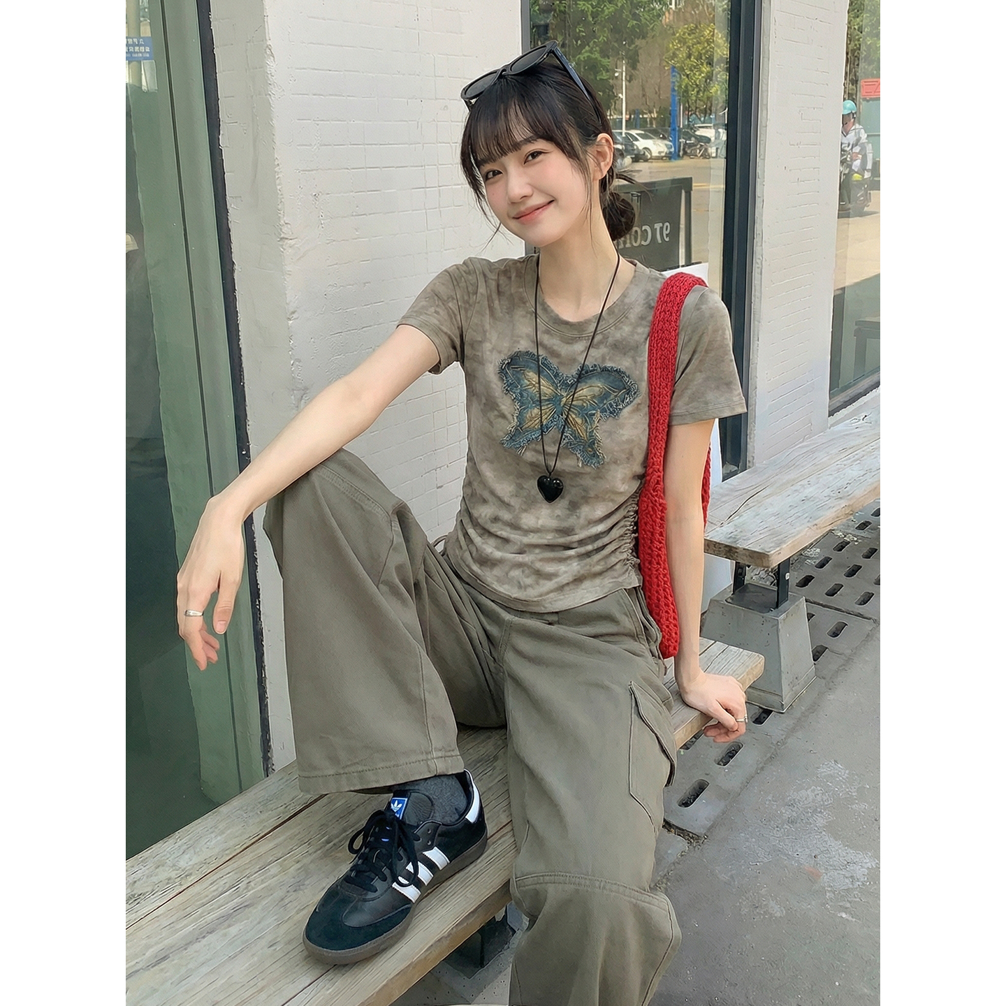 實價實拍#蝴蝶結扎染不規則正肩短袖t恤女夏季夏褶皺收腰修身上衣
