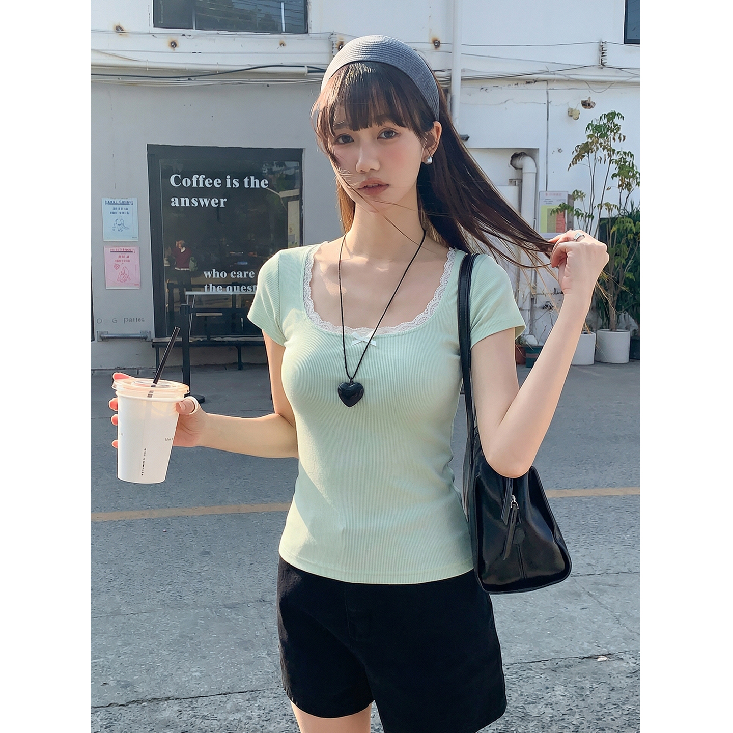 實價實拍#蕾絲蝴蝶結方領正肩短袖t恤女夏季性感辣妹體恤上衣