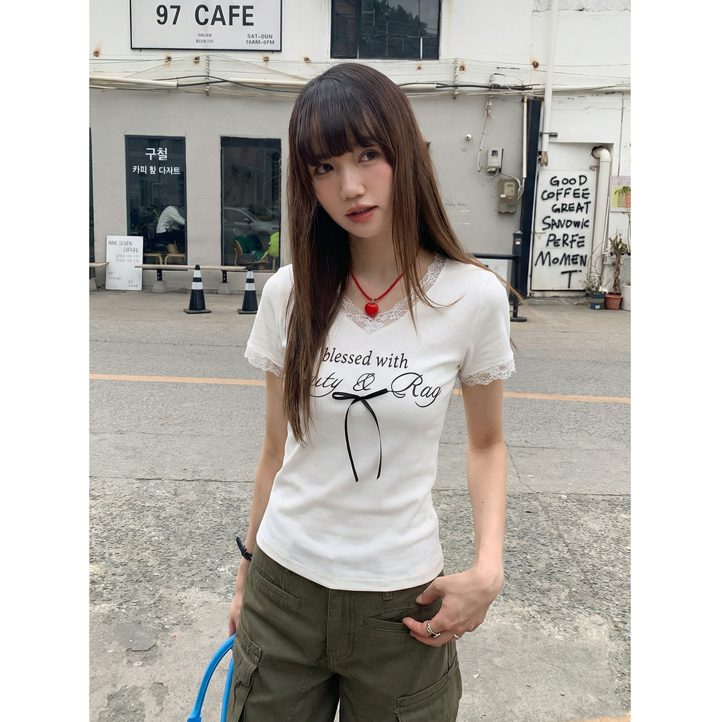 實價實拍#白色蕾絲假兩件v領正肩短袖t恤女夏季褶皺收腰短款上衣