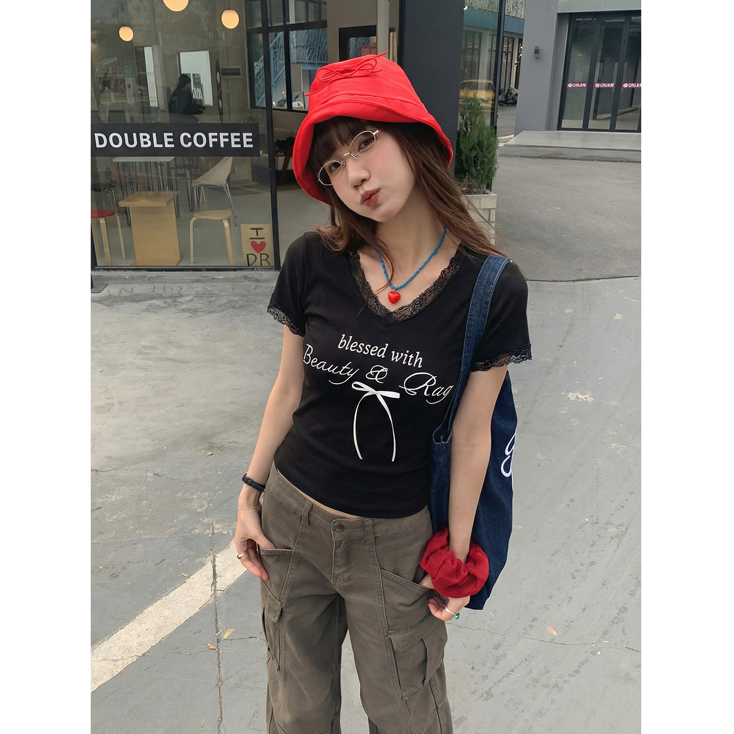 實價實拍#白色蕾絲假兩件v領正肩短袖t恤女夏季褶皺收腰短款上衣
