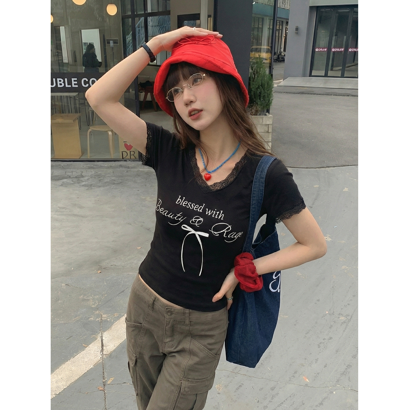 實價實拍#白色蕾絲假兩件v領正肩短袖t恤女夏季褶皺收腰短款上衣