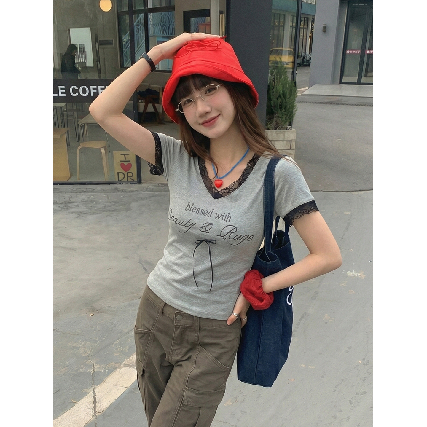 實價實拍#白色蕾絲假兩件v領正肩短袖t恤女夏季褶皺收腰短款上衣