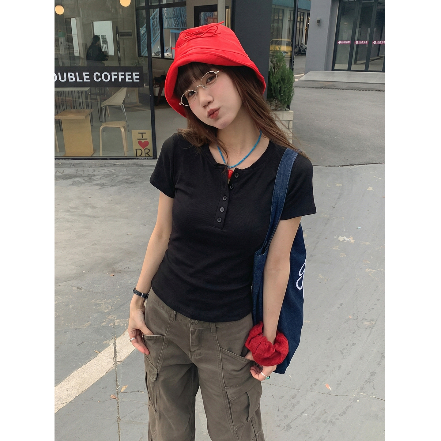 實價實拍#杏色純棉正肩短袖t恤女春2026新款設計感短款上衣T恤