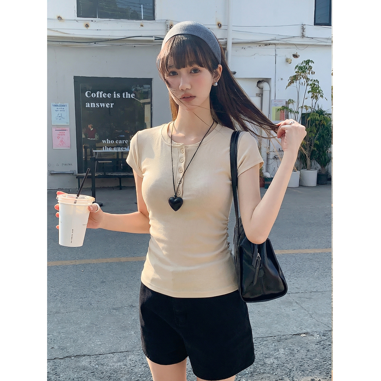 實價實拍#杏色純棉正肩短袖t恤女春2026新款設計感短款上衣T恤