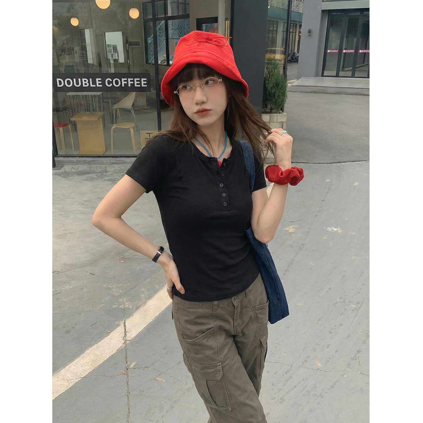 實價實拍#杏色純棉正肩短袖t恤女春2026新款設計感短款上衣T恤