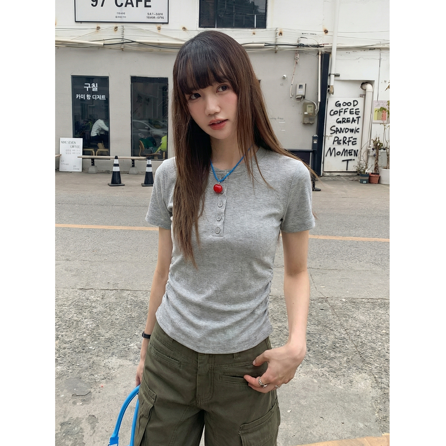 實價實拍#杏色純棉正肩短袖t恤女春2026新款設計感短款上衣T恤
