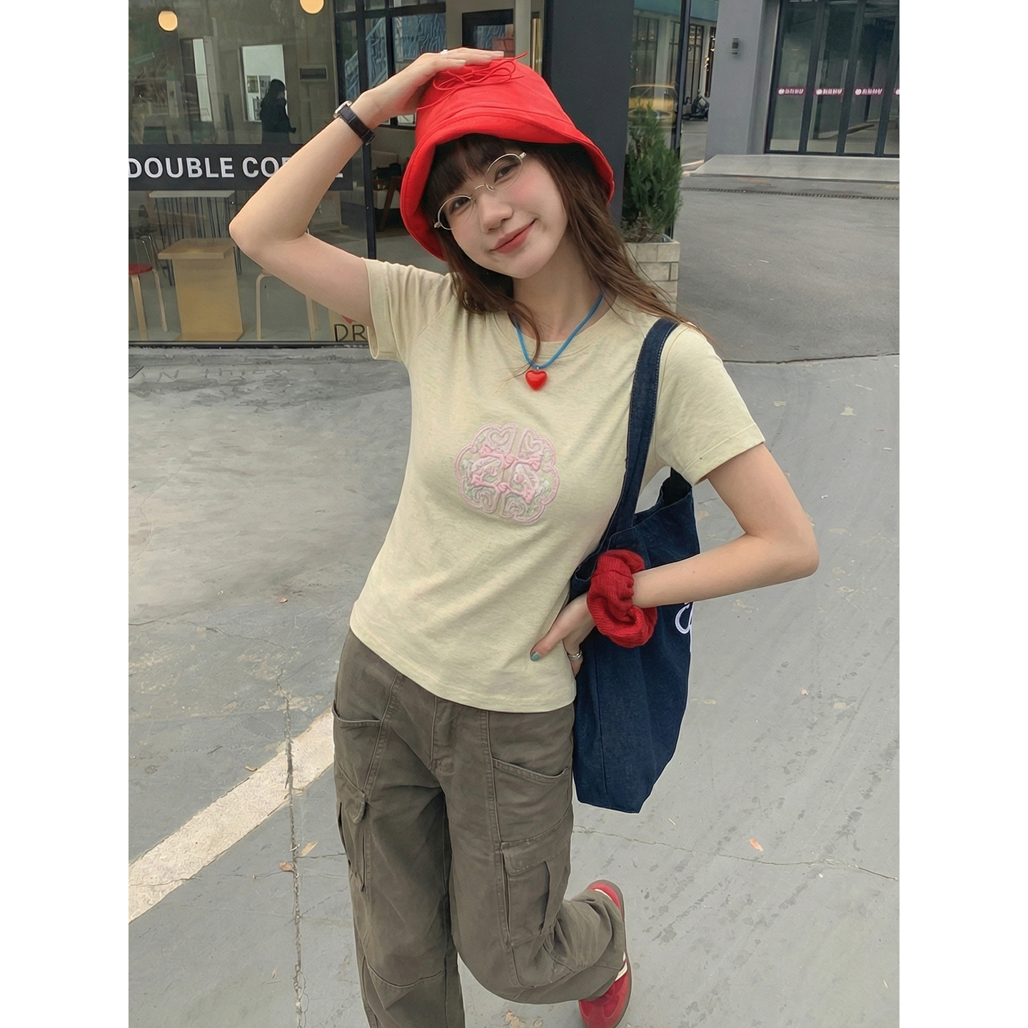 實價實拍#新中式國風刺繡粉色純棉正肩短袖t恤女夏季夏體恤上衣