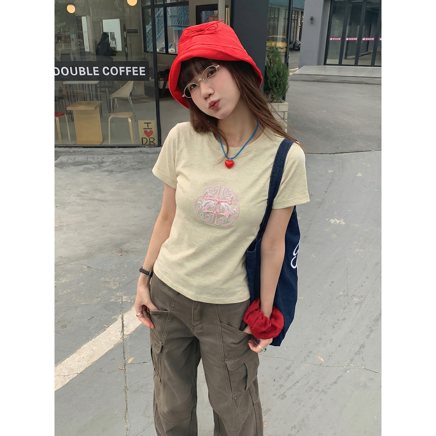 實價實拍#新中式國風刺繡粉色純棉正肩短袖t恤女夏季夏體恤上衣