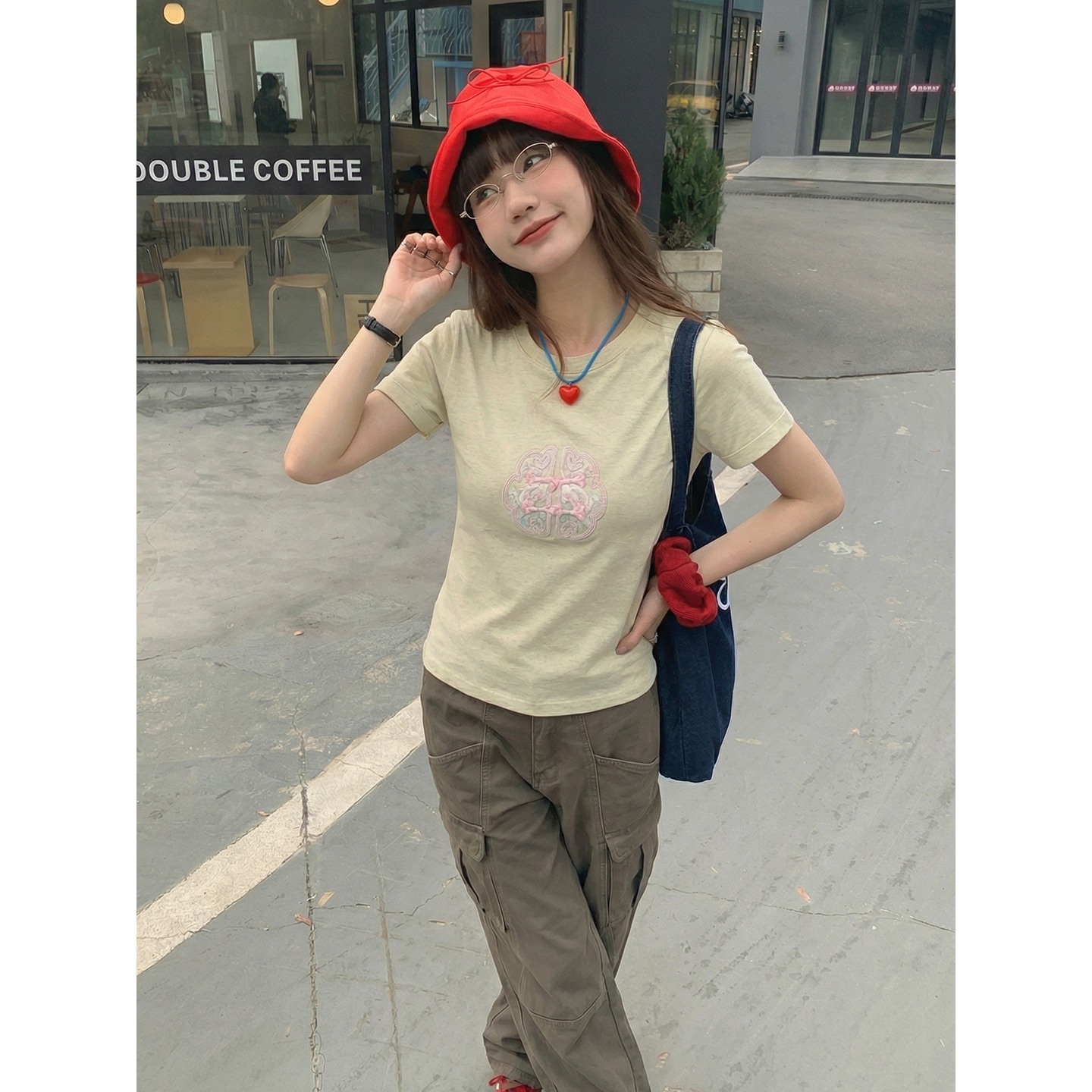 實價實拍#新中式國風刺繡粉色純棉正肩短袖t恤女夏季夏體恤上衣