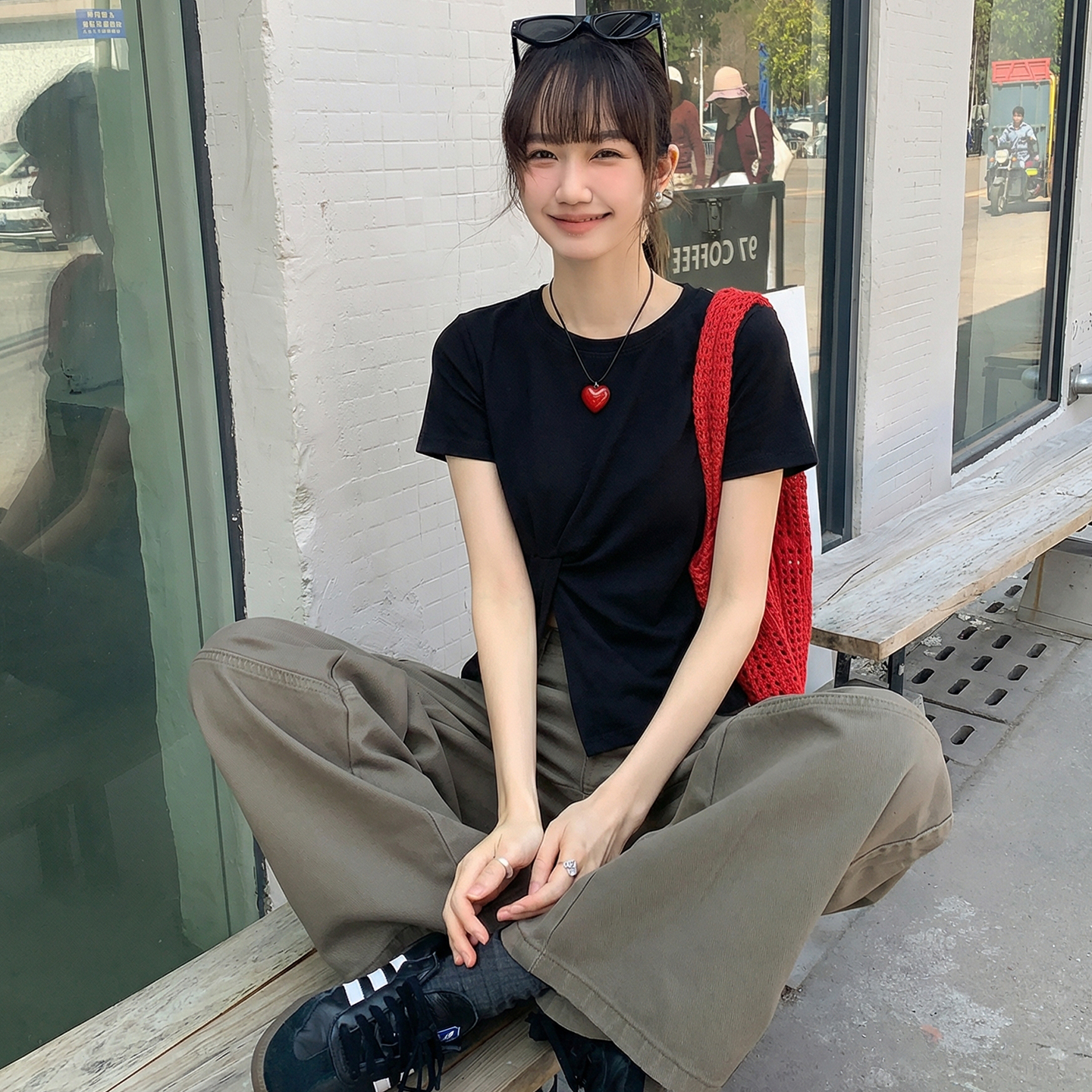 實拍實價#白色正肩短袖t恤女夏2026新款閑韓系氣質寬松收腰上衣