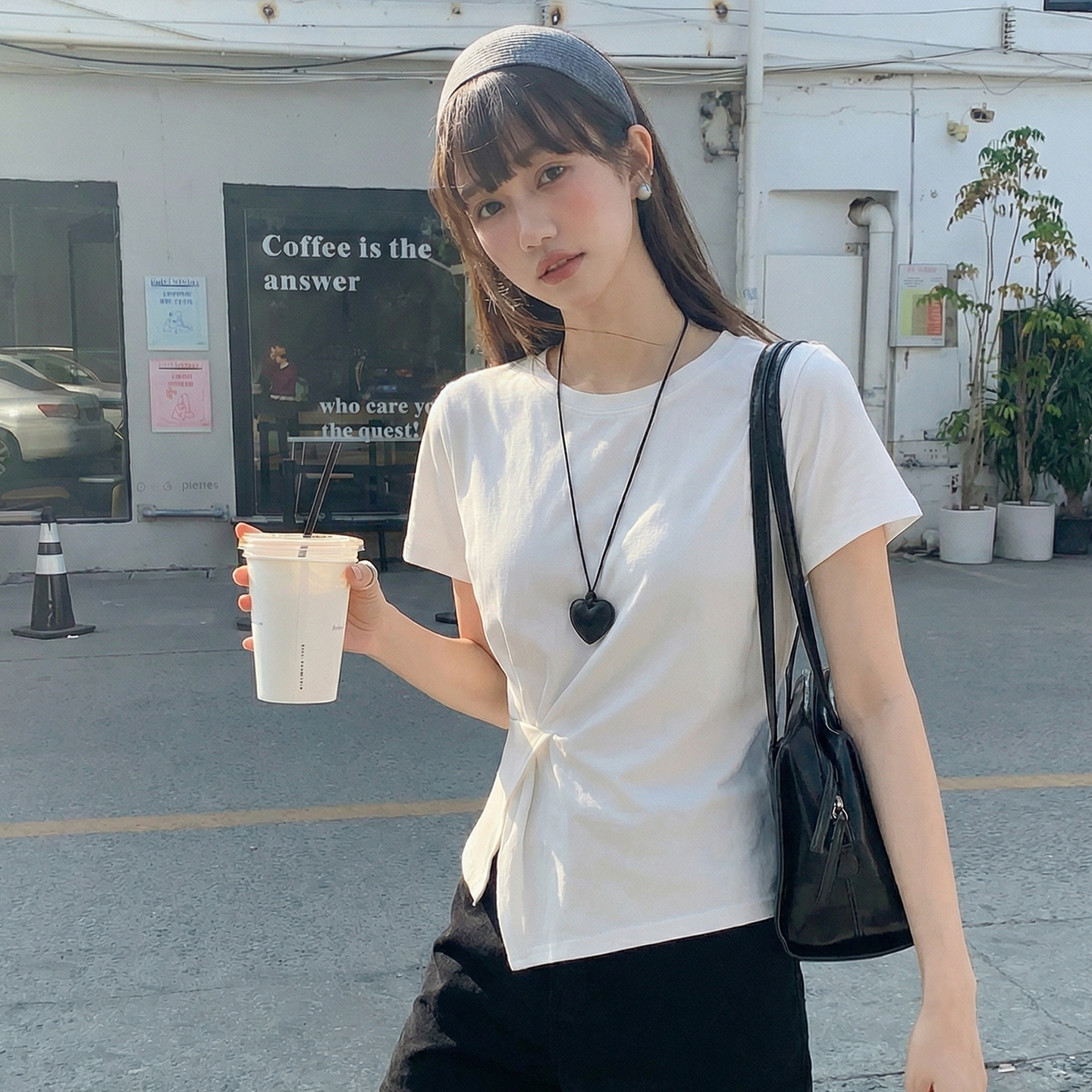 實拍實價#白色正肩短袖t恤女夏2026新款閑韓系氣質寬松收腰上衣