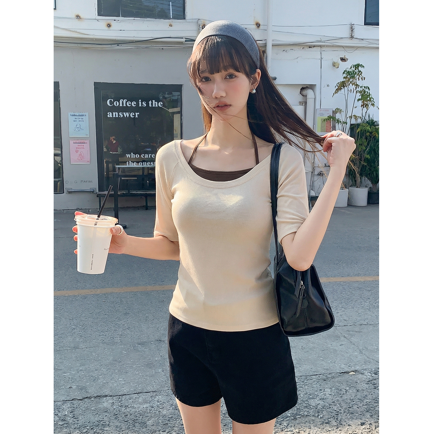 實拍實價# 黑色寬松薄款低領短袖t恤女2026新款夏純欲風微透體恤