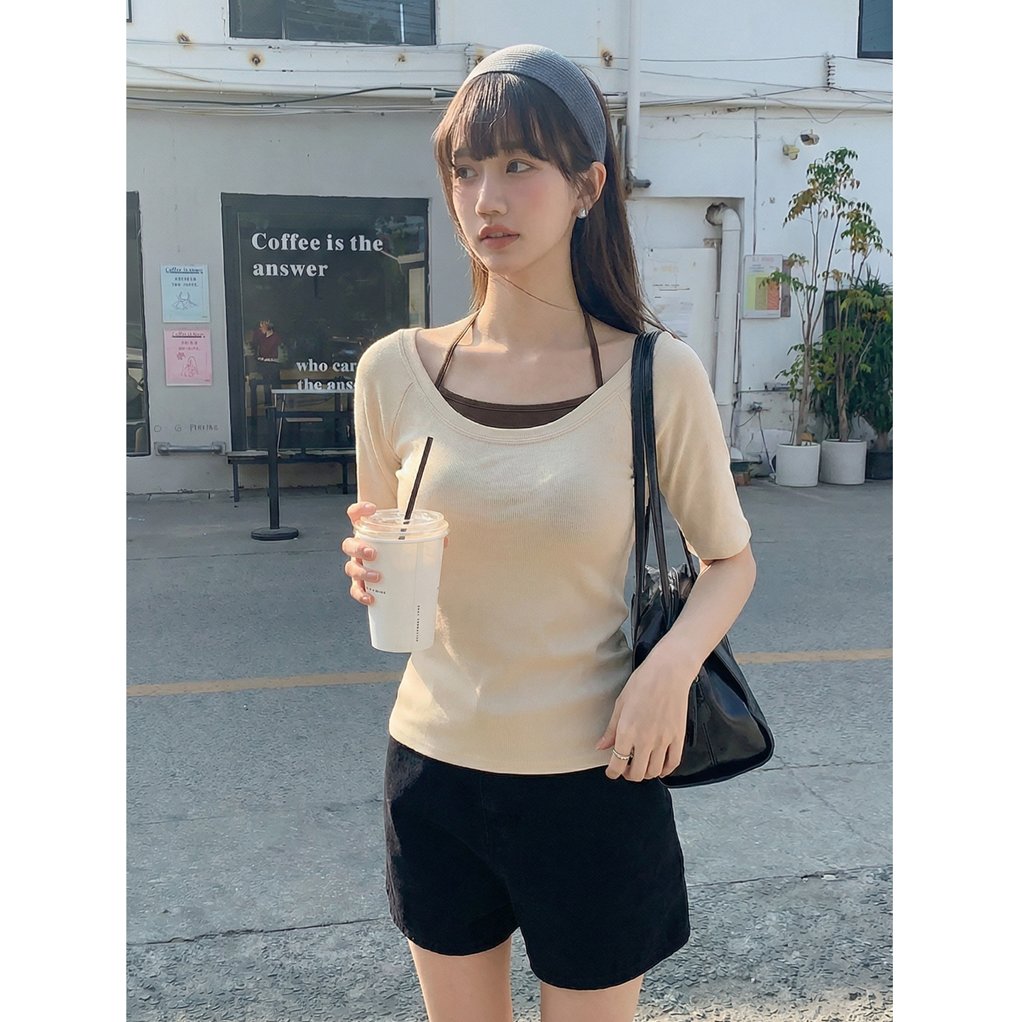 實拍實價# 黑色寬松薄款低領短袖t恤女2026新款夏純欲風微透體恤