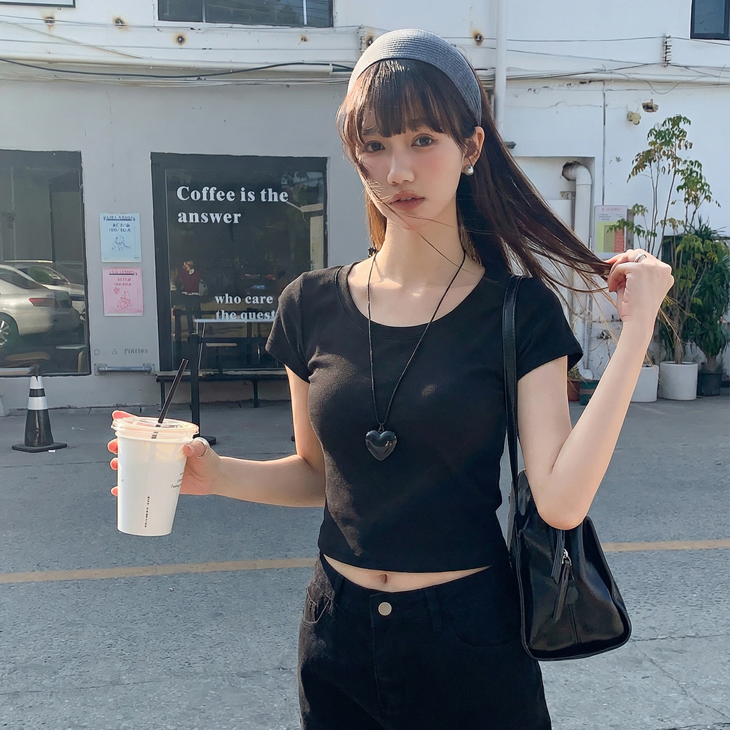 實價實拍灰色純棉u領正肩短袖t恤女夏季2026新款小個子短款上衣