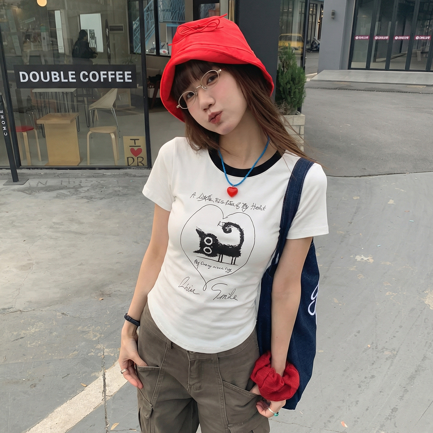 實價實拍#拼色圓領字母小貓印花短袖t恤女2026夏季新款體恤衫上衣