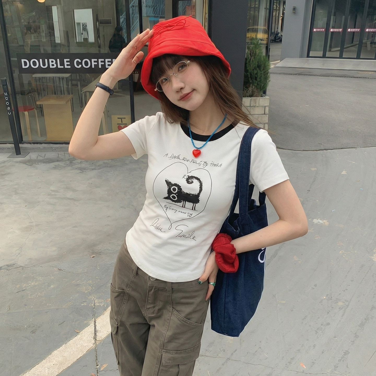 實價實拍#拼色圓領字母小貓印花短袖t恤女2026夏季新款體恤衫上衣