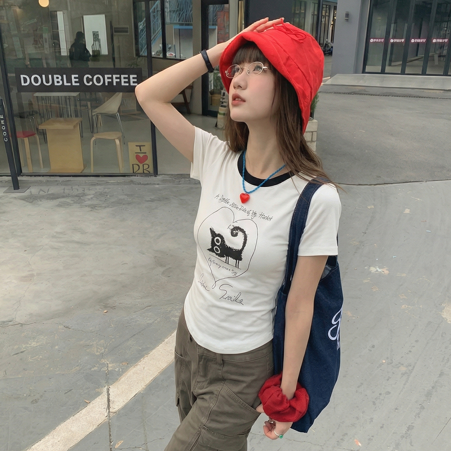 實價實拍#拼色圓領字母小貓印花短袖t恤女2026夏季新款體恤衫上衣