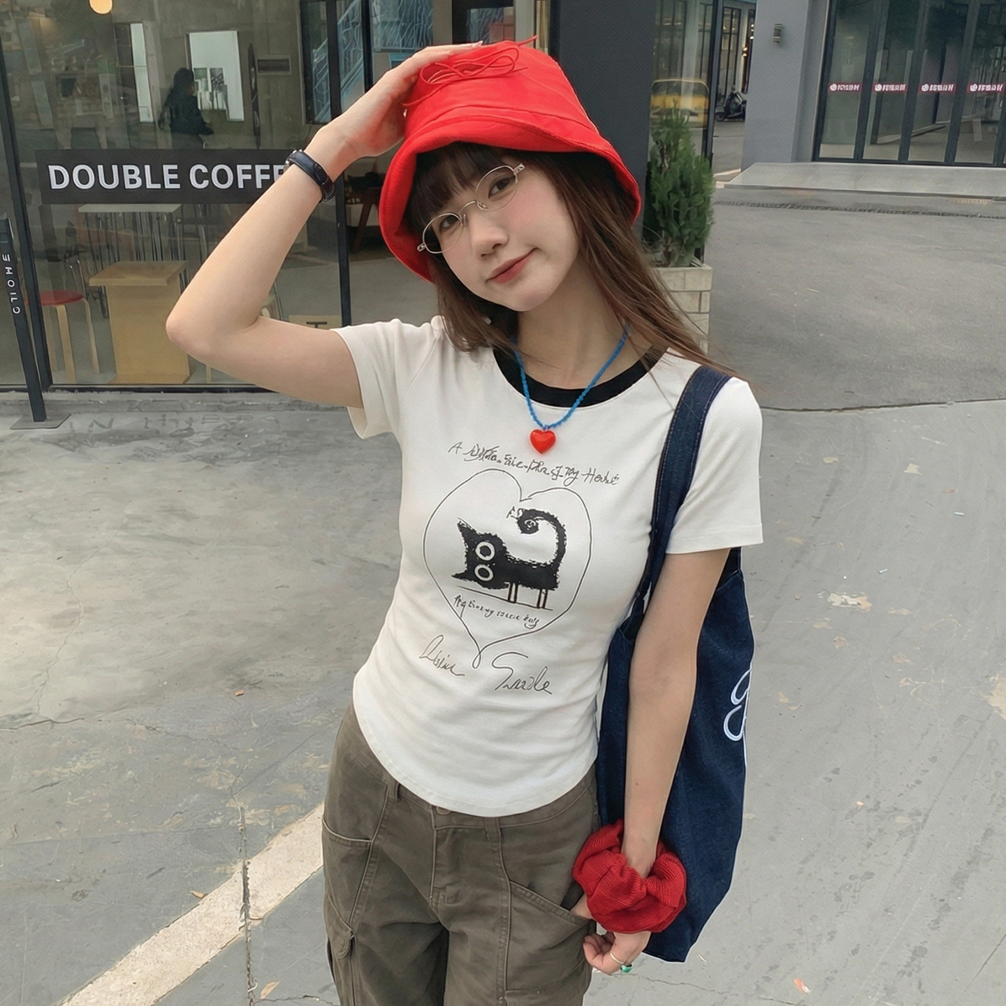 實價實拍#拼色圓領字母小貓印花短袖t恤女2026夏季新款體恤衫上衣