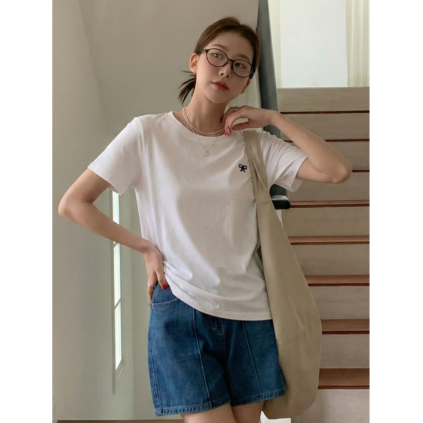 實價實拍#韓系白色蝴蝶結刺繡正肩短袖t恤女夏季慵懶風半袖體恤