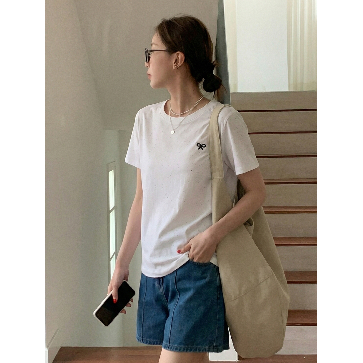 實價實拍#韓系白色蝴蝶結刺繡正肩短袖t恤女夏季慵懶風半袖體恤