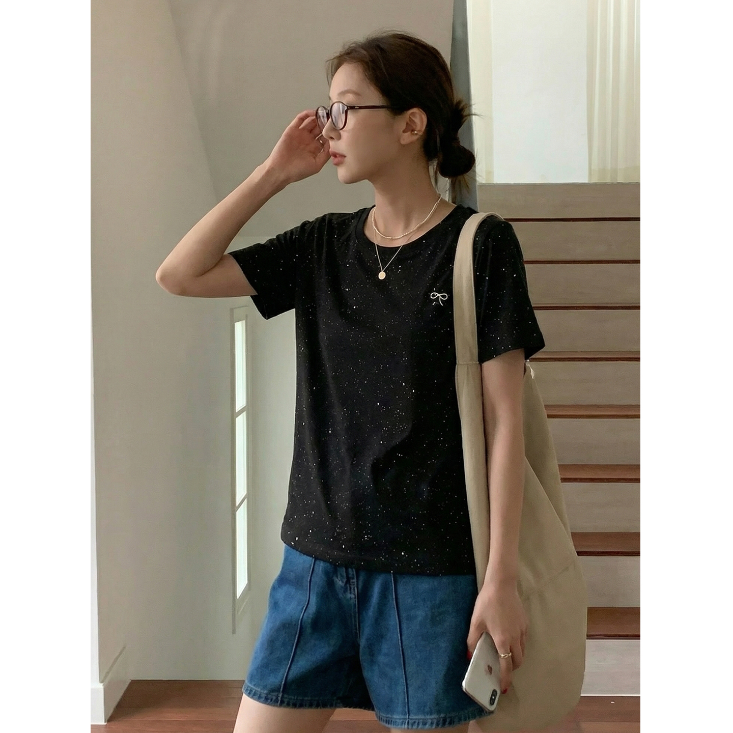 實價實拍#韓系白色蝴蝶結刺繡正肩短袖t恤女夏季慵懶風半袖體恤