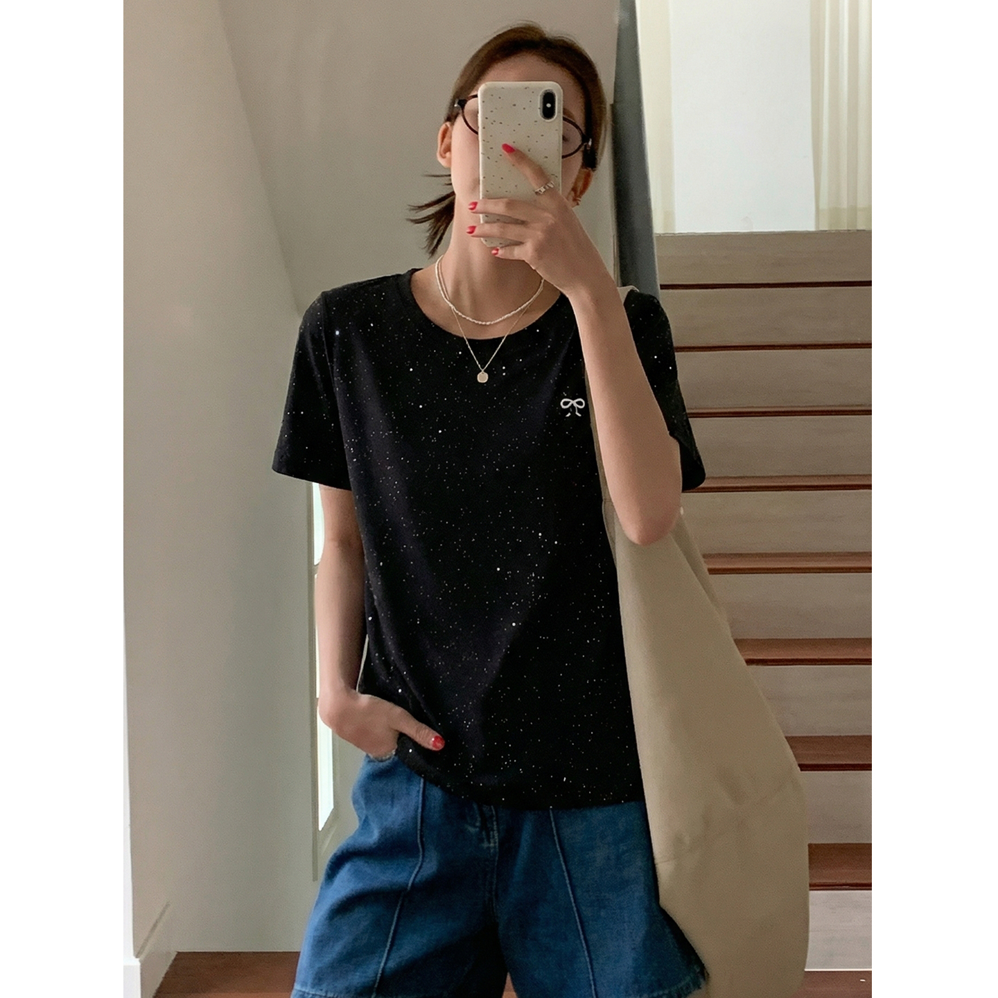 實價實拍#韓系白色蝴蝶結刺繡正肩短袖t恤女夏季慵懶風半袖體恤