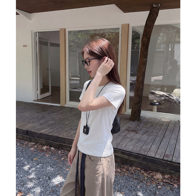 實拍實價#t恤女修身短款夏季設計感小眾撞色字母印花半袖上衣
