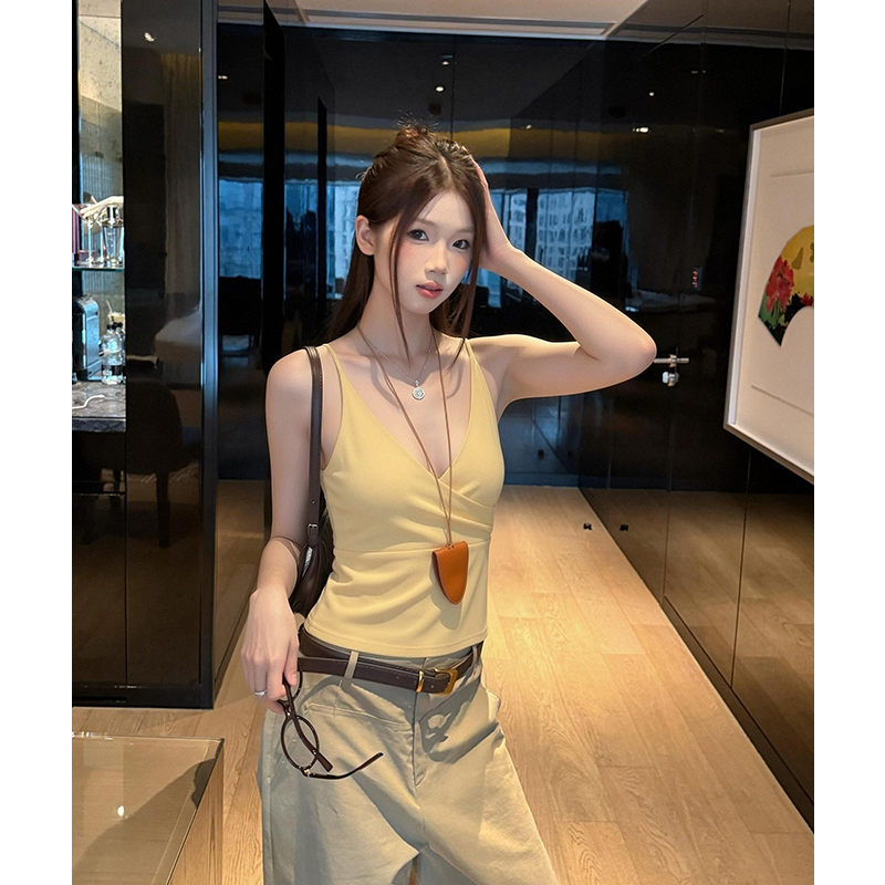 實拍實價#藏青色v領露背吊帶背心女夏季修身顯瘦無袖內搭外穿上衣