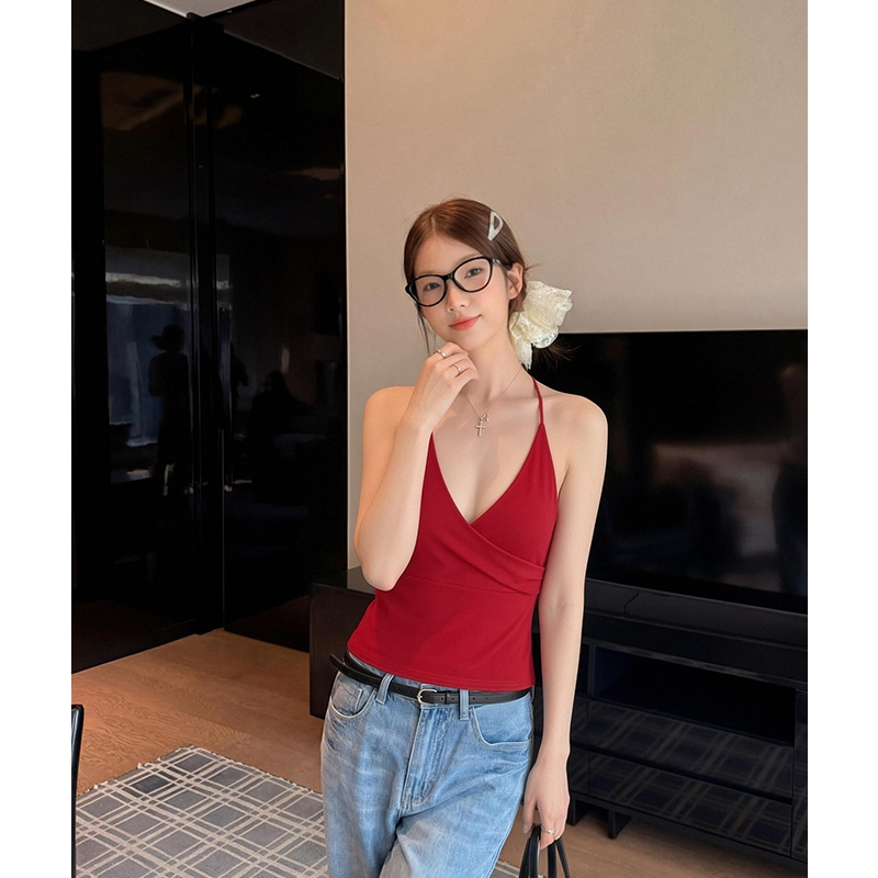 實拍實價#藏青色v領露背吊帶背心女夏季修身顯瘦無袖內搭外穿上衣