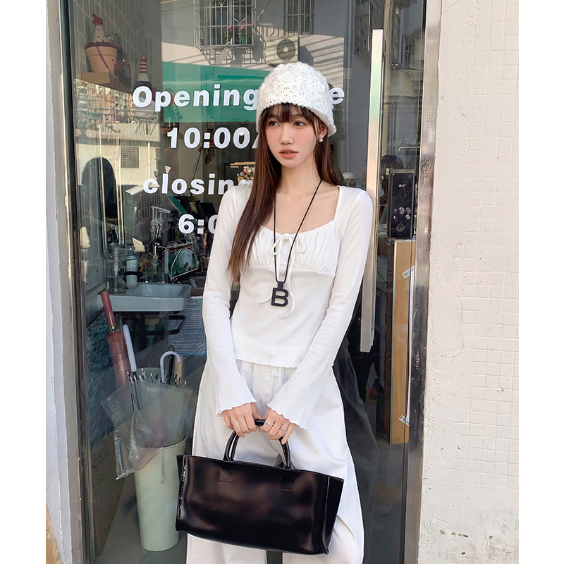實拍實價#純欲辣妹方領長袖t恤女小個子木耳邊內搭小衫白色打底衫