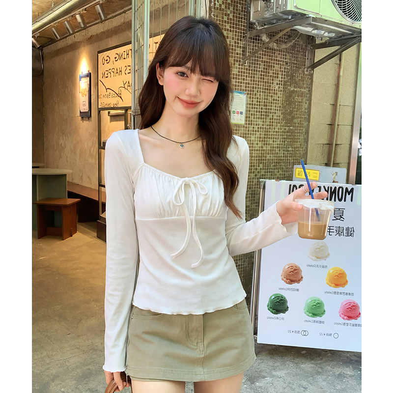 實拍實價#純欲辣妹方領長袖t恤女小個子木耳邊內搭小衫白色打底衫