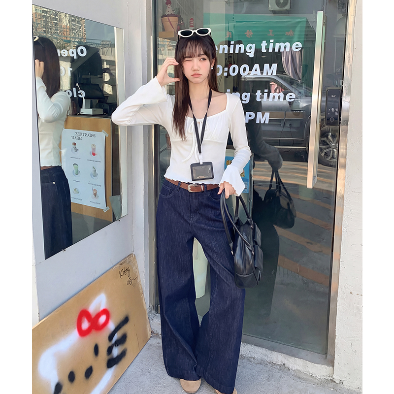 實拍實價#純欲辣妹方領長袖t恤女小個子木耳邊內搭小衫白色打底衫