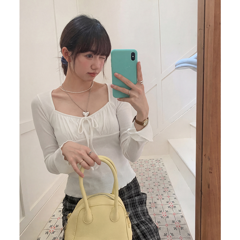 實拍實價#純欲辣妹方領長袖t恤女小個子木耳邊內搭小衫白色打底衫