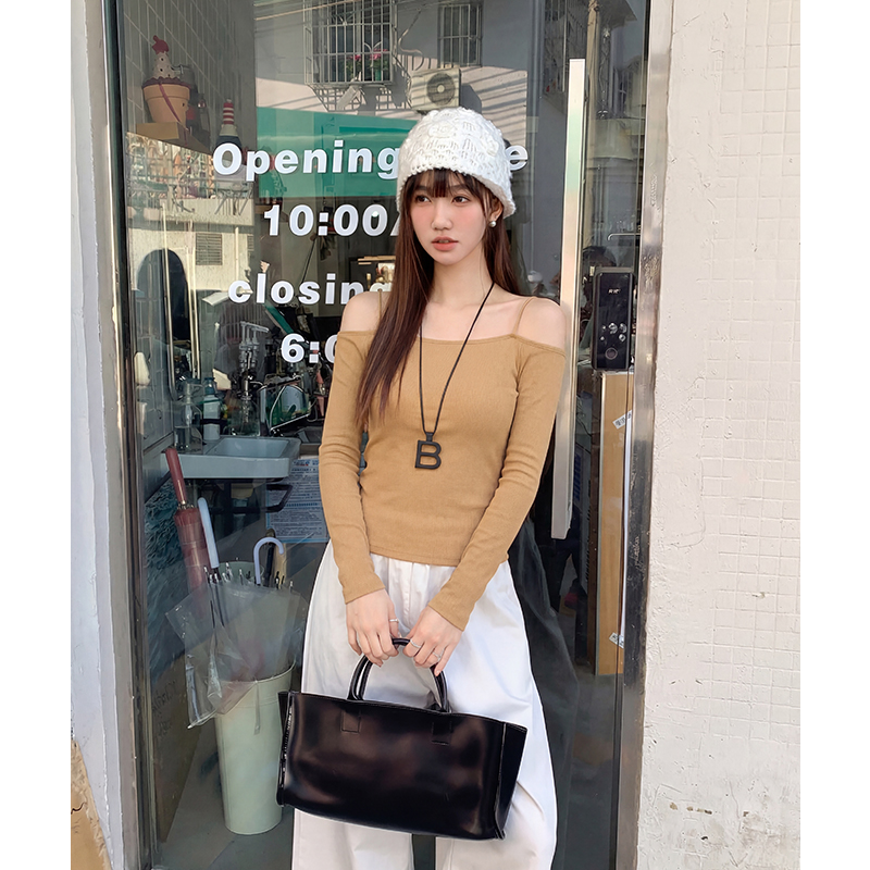 實拍實價#純色薄款長袖t恤女2026春季新款修身顯瘦一字肩上衣內搭