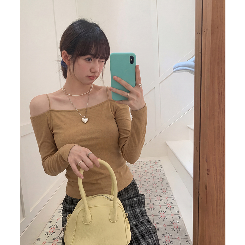 實拍實價#純色薄款長袖t恤女2026春季新款修身顯瘦一字肩上衣內搭