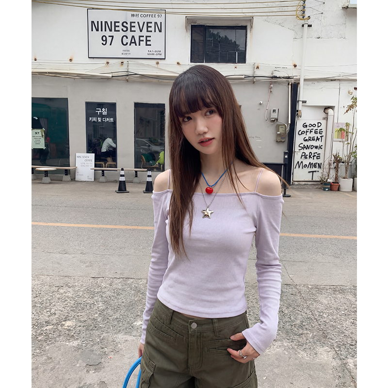 實拍實價#純色薄款長袖t恤女2026春季新款修身顯瘦一字肩上衣內搭