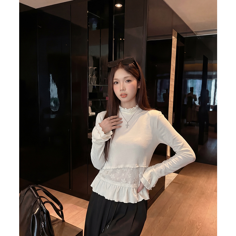 實拍實價#白色半高領蕾絲長袖t恤女春季新款修身顯瘦喇叭袖內搭