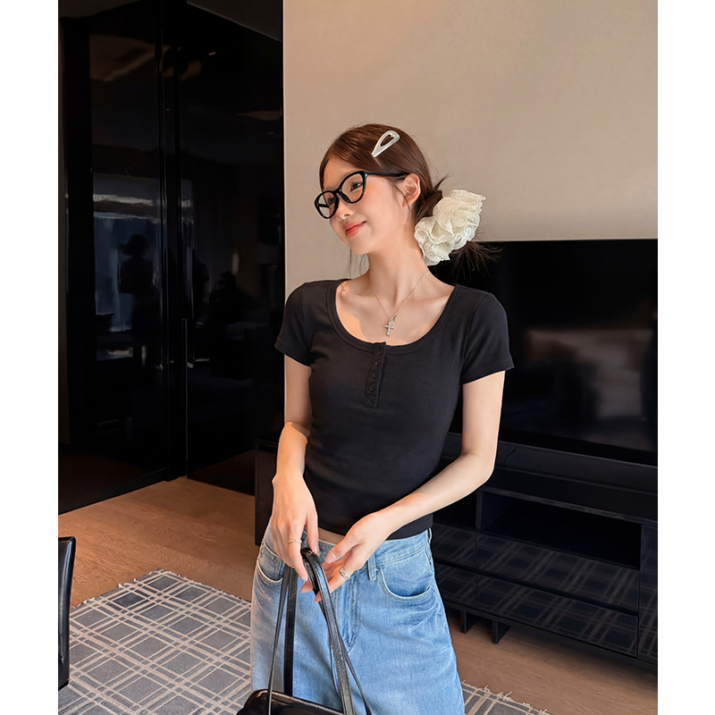 實拍實價#u領正肩短袖t恤女夏2026新款純色修身短款上衣半袖體恤